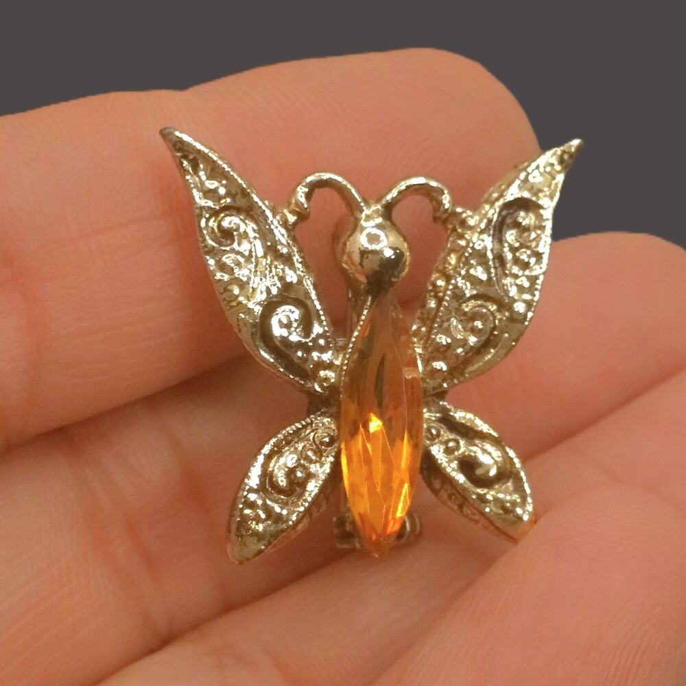 Vintage Mini Butterfly Brooch Whimsical Gold Tone Pin Marquise Cut Stone Body
